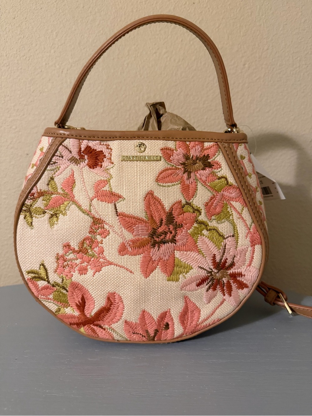 Spartina Floral Embroidered Top-Handle Bag in Pink and Cream